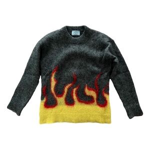 Prada Gray Sweater with Red and Yellow Flame Design